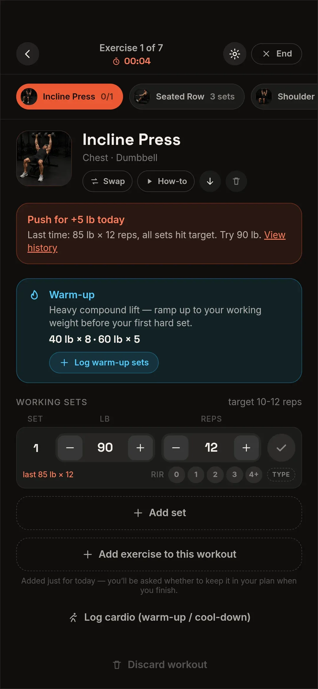 Alpha Lifts logging a set: it suggests adding five pounds today because every set hit its target last time, with weight and rep steppers and a reps-in-reserve picker.