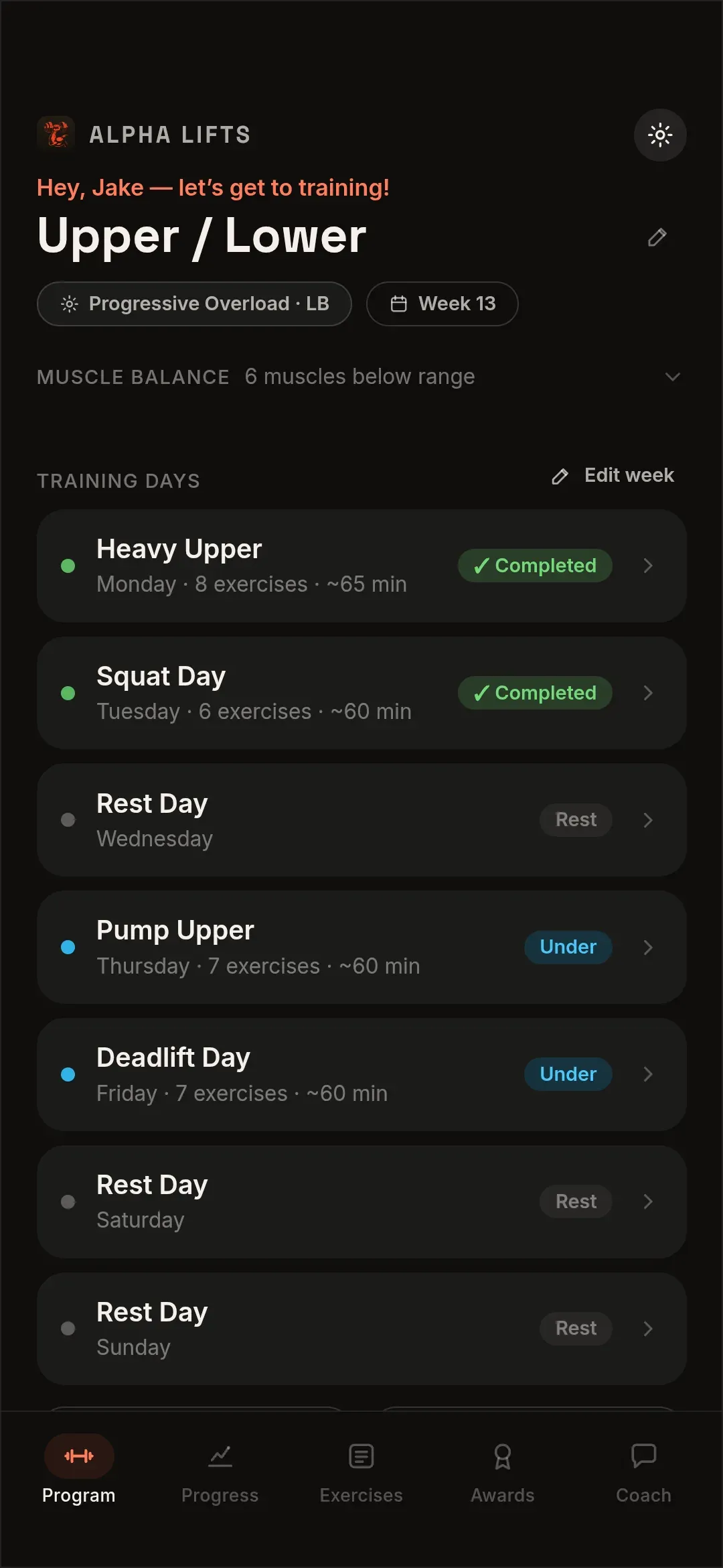 A built Upper/Lower programme in Alpha Lifts, in week 13 of progressive overload, listing the week’s training days and which are done.